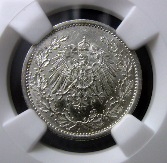 NGC-MS62德国银币,1915A,1/2马克,NGC评级R1118bx6x