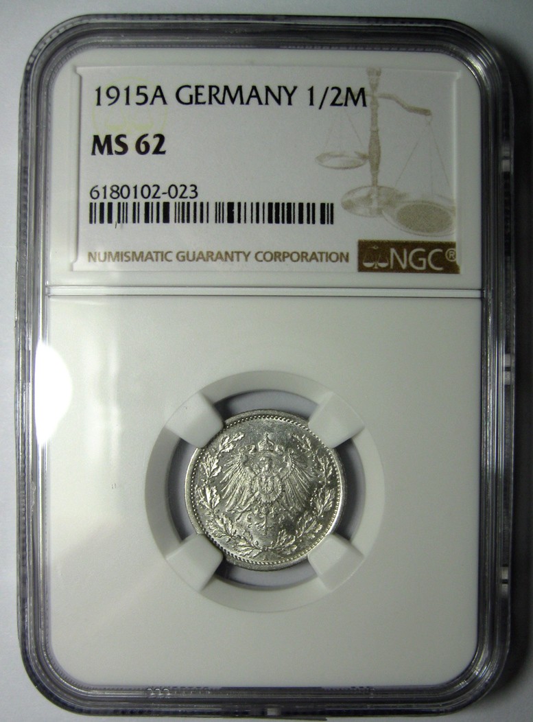 NGC-MS62德国银币,1915A,1/2马克,NGC评级R1118bx6x