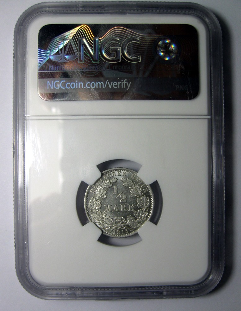 NGC-MS62德国银币,1915A,1/2马克,NGC评级R1118bx6x