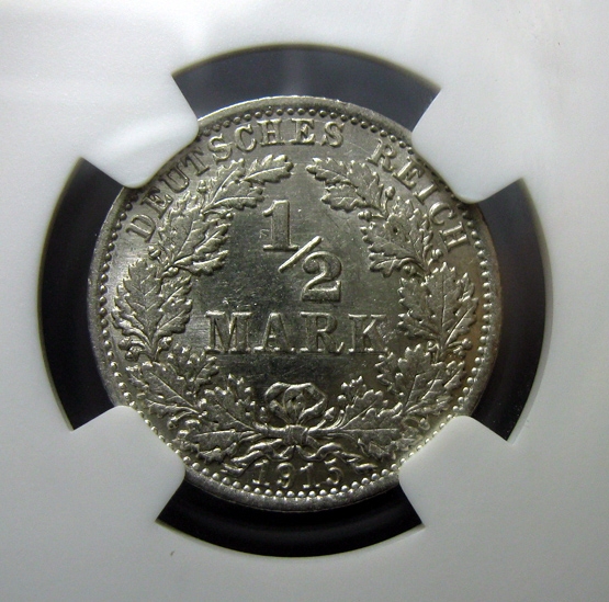 NGC-MS62德国银币,1915A,1/2马克,NGC评级R1118bx6x