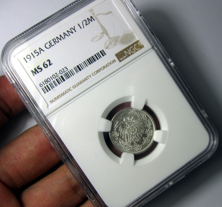 NGC-MS62德国银币,1915A,1/2马克,NGC评级R1118bx6x