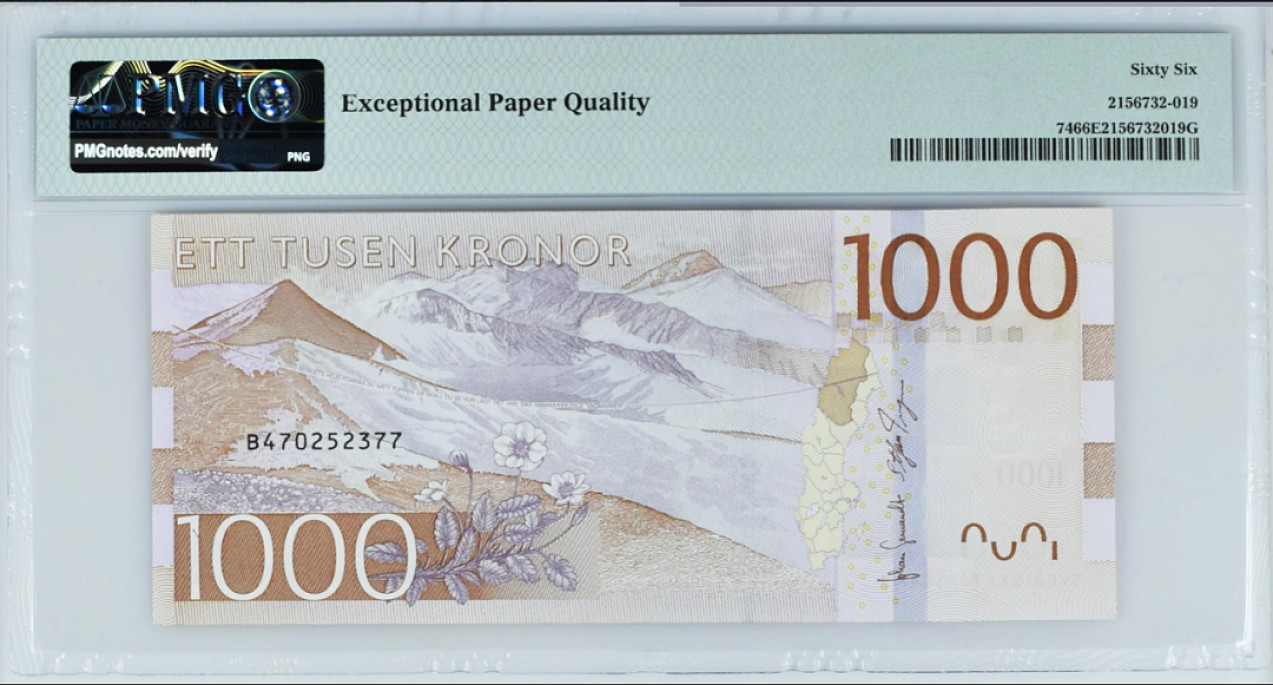 《张总收藏》69期——高分外币 瑞典1000克朗PMG66E 秘书长 本版最大面值 2015年