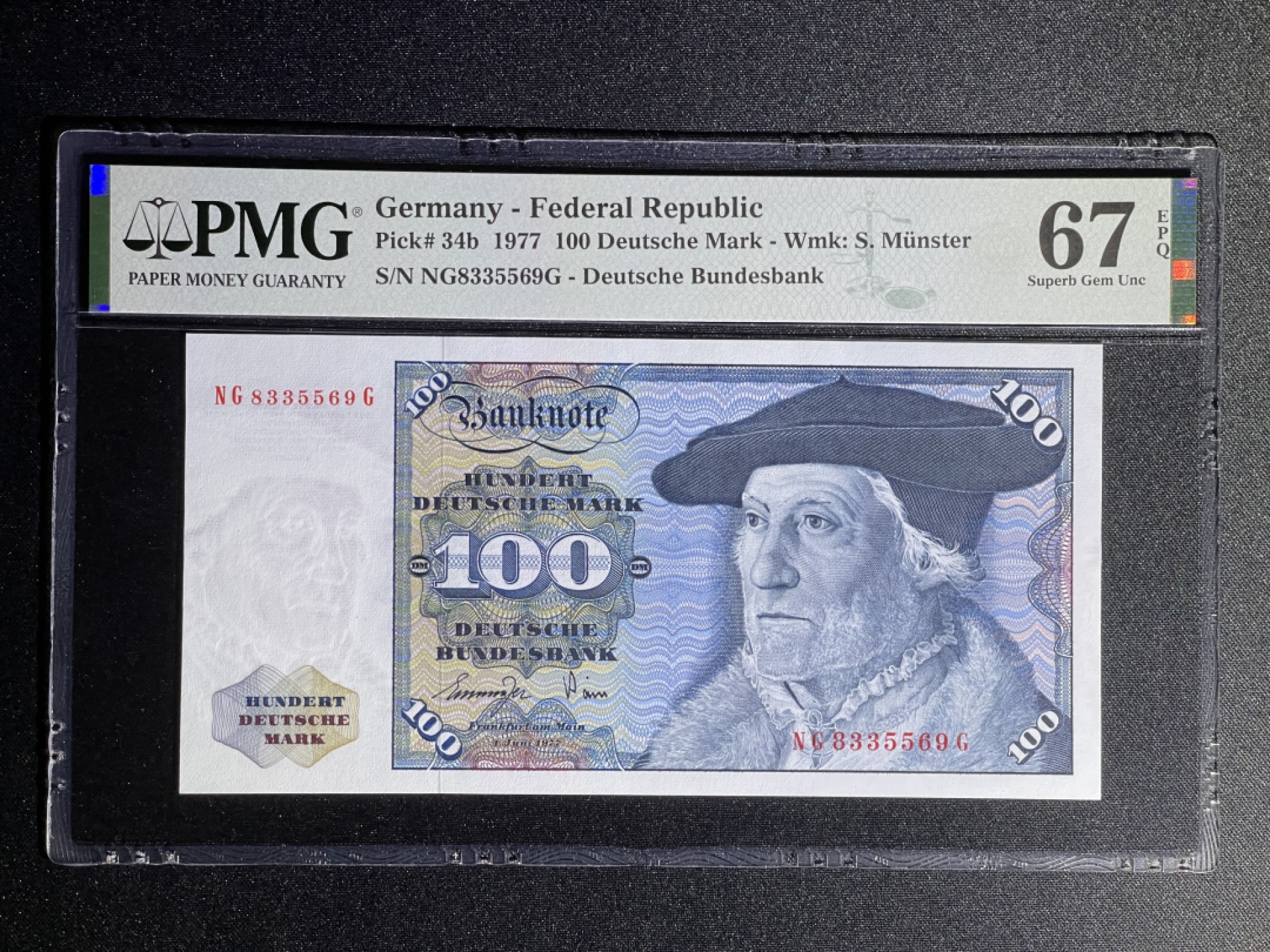 《张总收藏》69期——高分外币 德国100马克 PMG67E 1977年 明斯特 亚军分无47