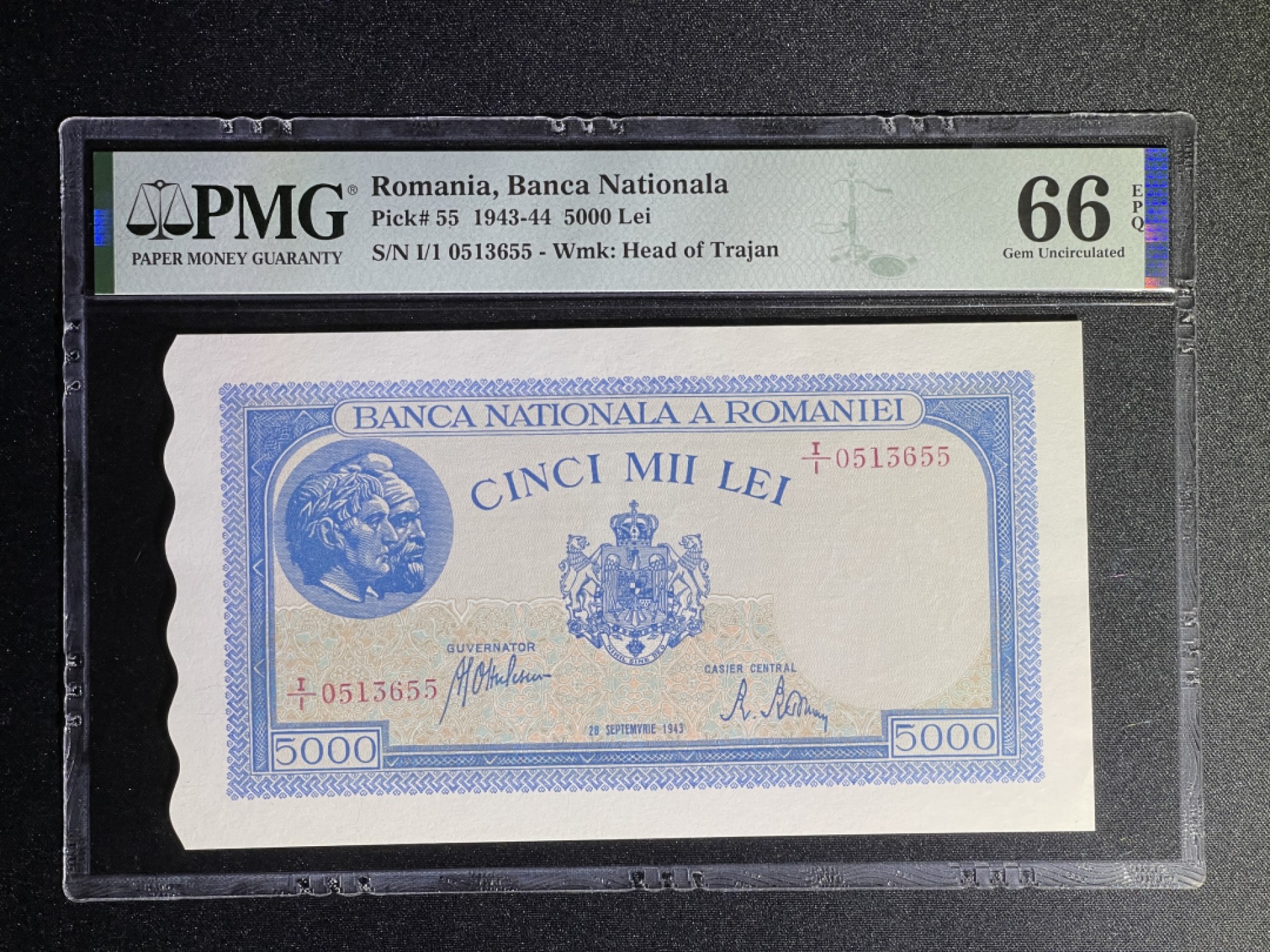 《张总收藏》69期——高分外币 罗马尼亚5000列伊 PMG66E 1943年 独特异形纸币