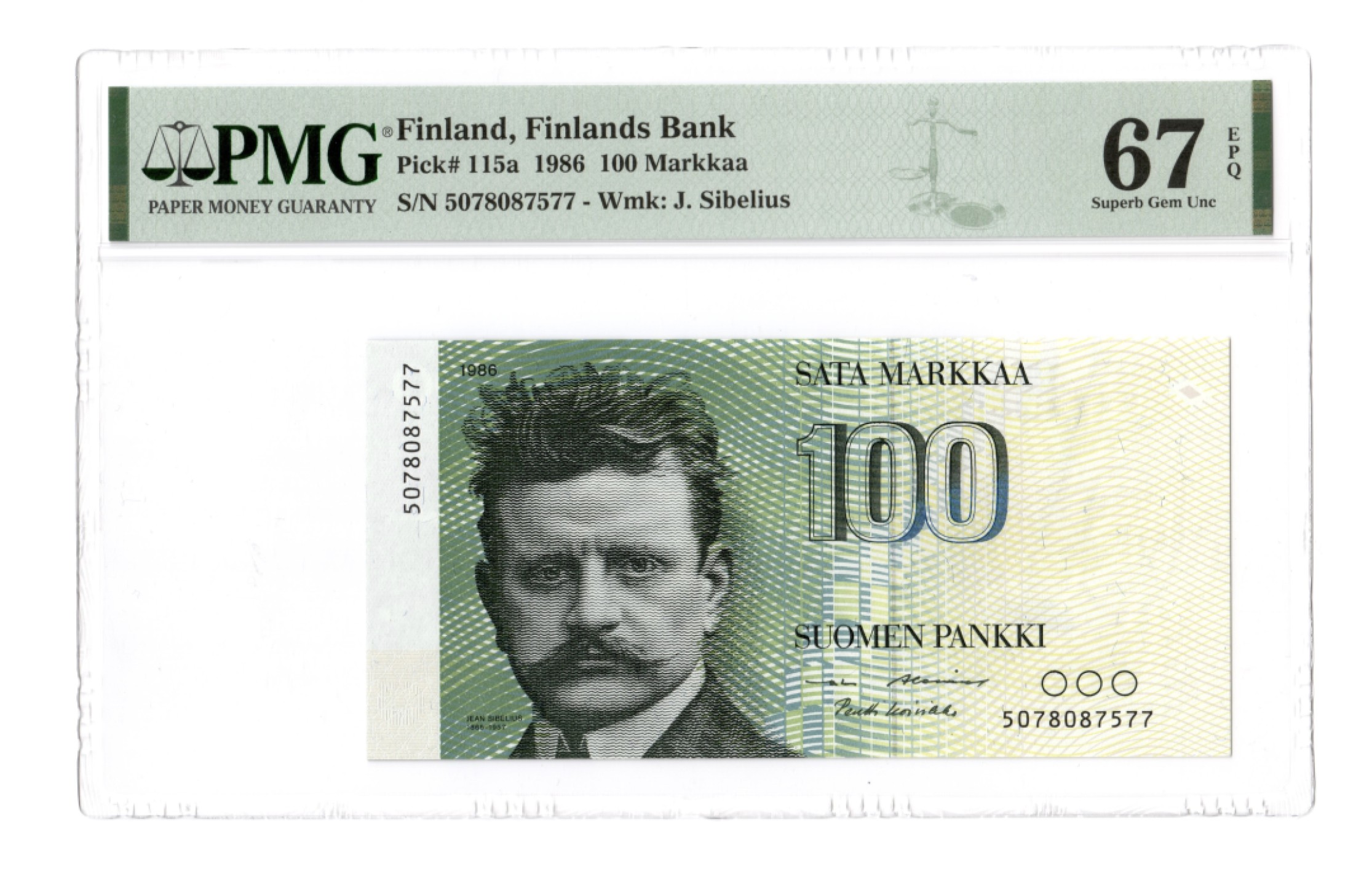 收藏联盟Quantum Auction 第186期拍卖(已更新) 芬兰1986年初版100马克 PMG67 西贝柳斯和图内拉的天鹅