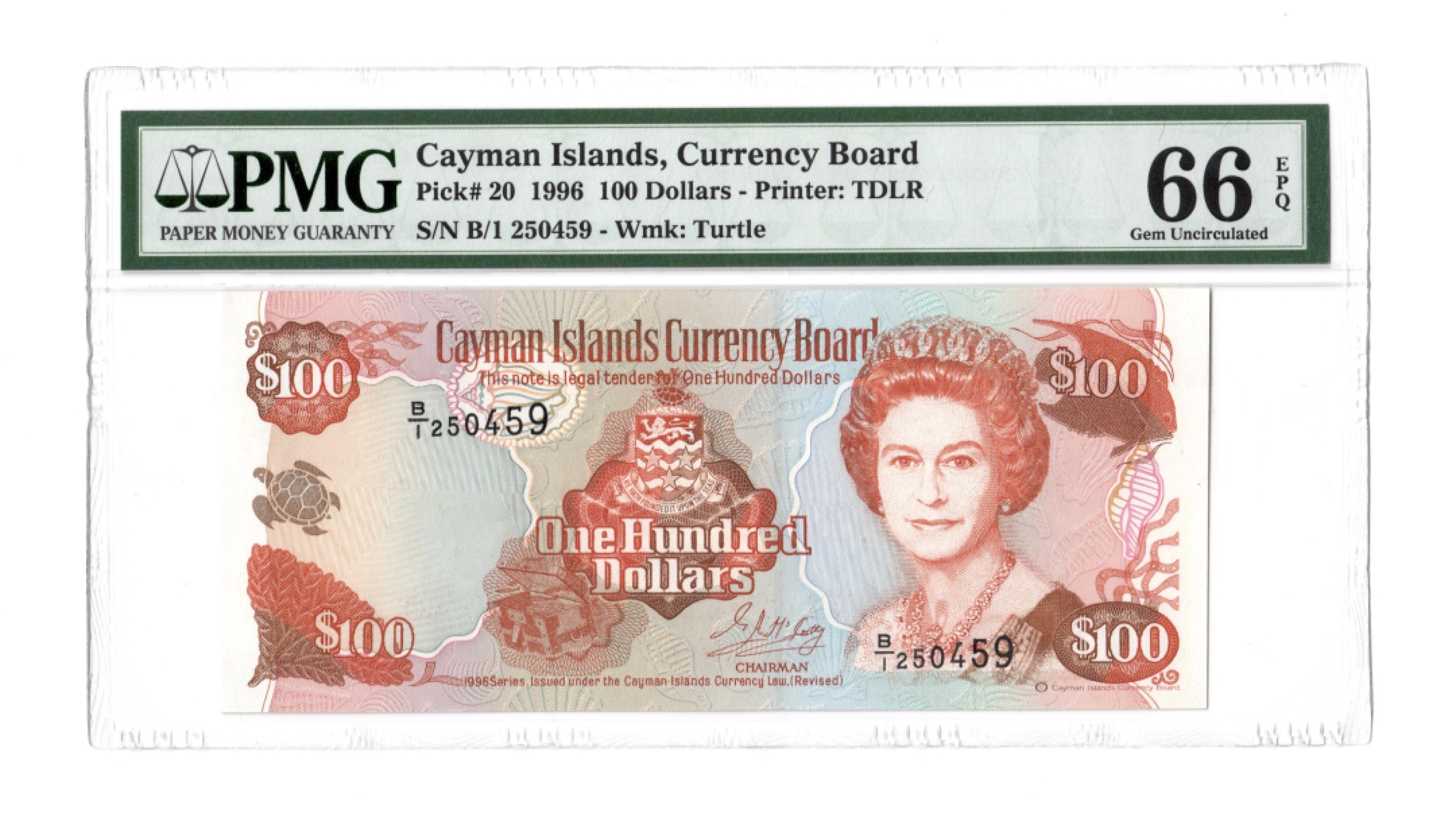 收藏联盟Quantum Auction 第186期拍卖(已更新) 开曼群岛1996年100元 PMG66 早期版本稀少 离岸金融中心和潜水胜地