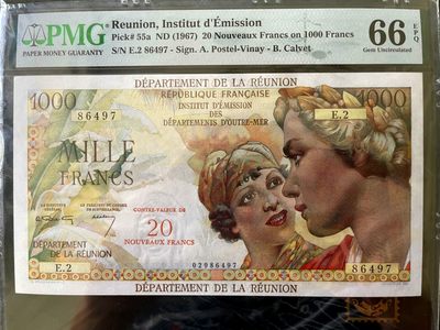 【Blue Auction】✨世界纸币精拍第216期【精】——莫总专场 - 【a版稀少】留尼旺 1967年20新法郎 PMG66EPQ 大票幅精美