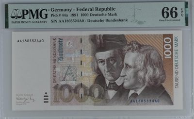 收藏联盟Quantum Auction 第186期拍卖(已更新) - 德国联邦1991年1000马克 PMG66 罕见正宗首发冠AA_A0 格林兄弟