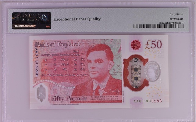 收藏联盟Quantum Auction 第186期拍卖(已更新) 英国2020年50英镑 PMG67 首发AA01冠 塑料币