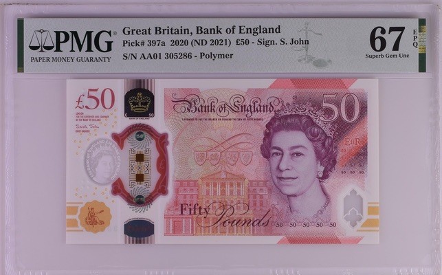 收藏联盟Quantum Auction 第186期拍卖(已更新) 英国2020年50英镑 PMG67 首发AA01冠 塑料币