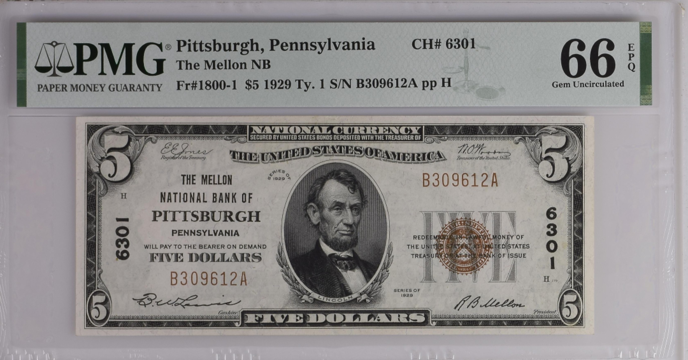 收藏联盟Quantum Auction 第186期拍卖(已更新) 美国宾夕法尼亚州匹兹堡1929年5美元国民券 PMG66 高分稀少罕见 号码不带47 注意拍品介绍