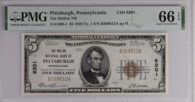收藏联盟Quantum Auction 第186期拍卖(已更新) - 美国宾夕法尼亚州匹兹堡1929年5美元国民券 PMG66 高分稀少罕见 号码不带47 注意拍品介绍
