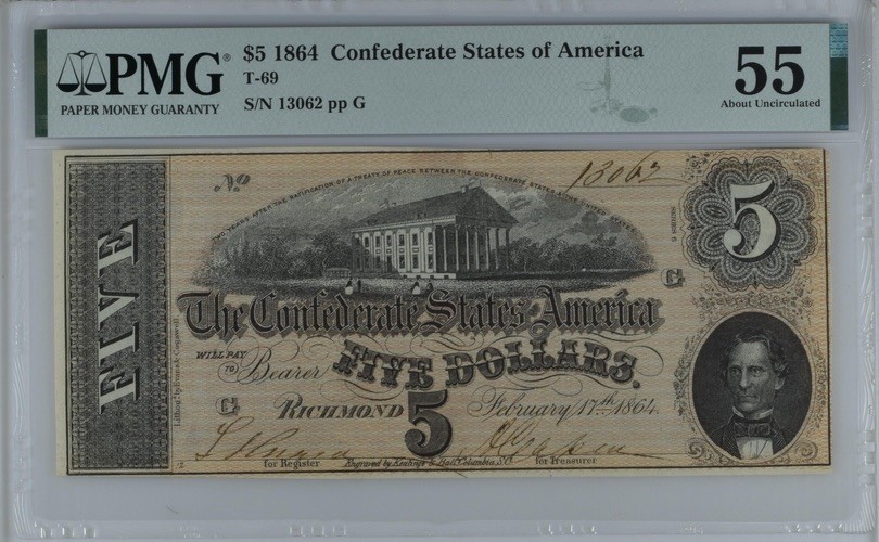 收藏联盟Quantum Auction 第186期拍卖(已更新) 美国1864年5美元 PMG55 南北战争时期联盟国券 稀少