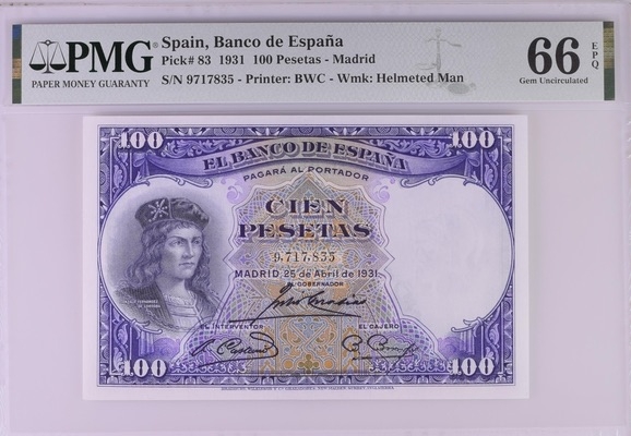 收藏联盟Quantum Auction 第186期拍卖(已更新) 西班牙1931年100比塞塔 PMG66 名将贡萨洛