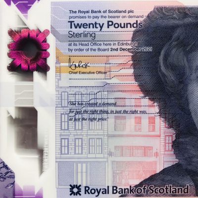 38th ¥¥ 🏴󠁧󠁢󠁳󠁣󠁴󠁿苏格兰皇家银行2021/2022年20镑Polymer塑料钞，新日期：2021年12月2日