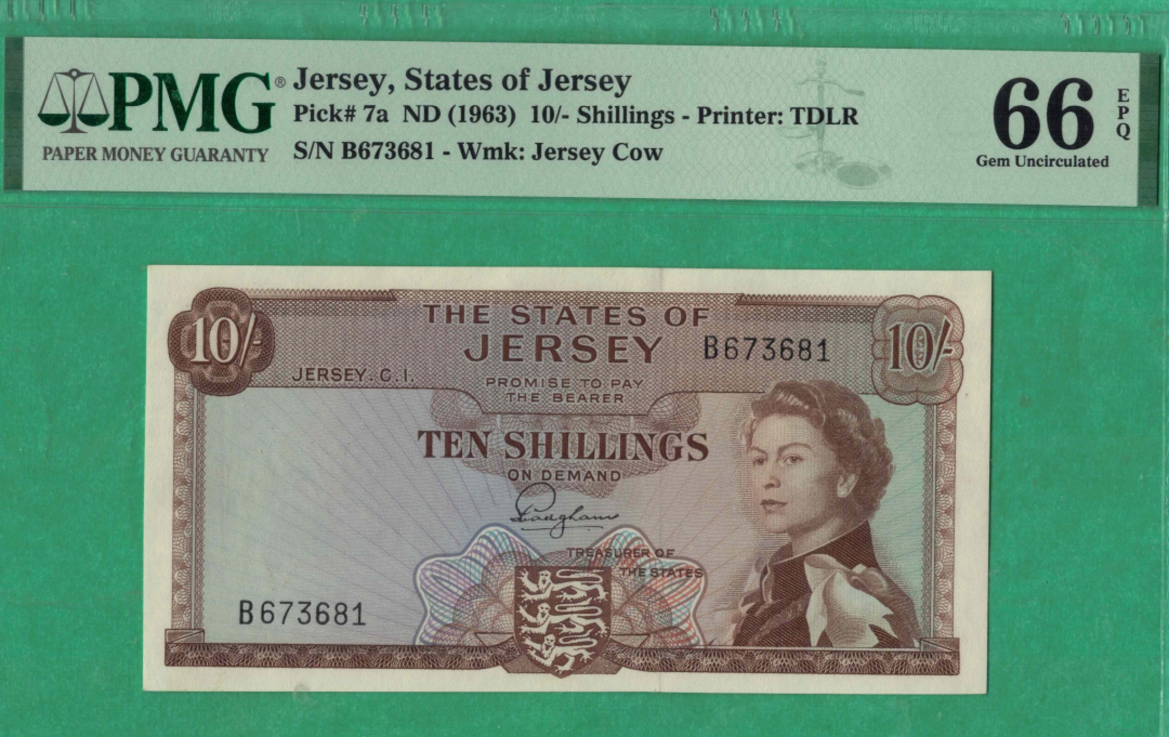 泽西岛10先令 ND1963年版 欧洲纸币 实物图 UNC      