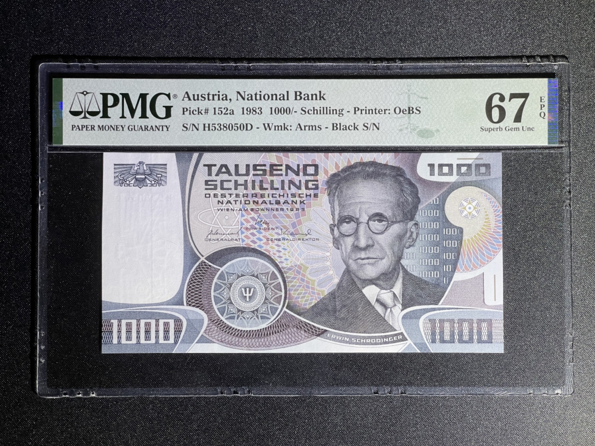 《张总收藏》70期——外币精品 奥地利1000先令 PMG67E 1983年薛定谔 无47