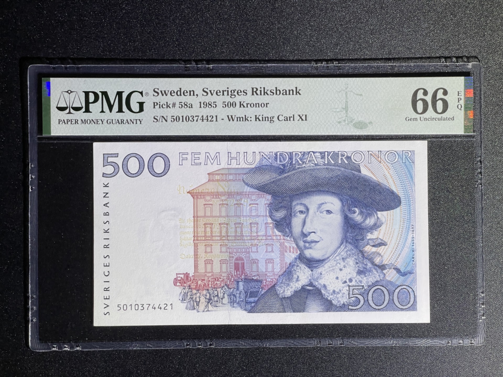 《张总收藏》70期——外币精品 瑞典500克朗 PMG66E 1985年首发 P-58a 发行最早最少的蓝色版本 蓝卡尔