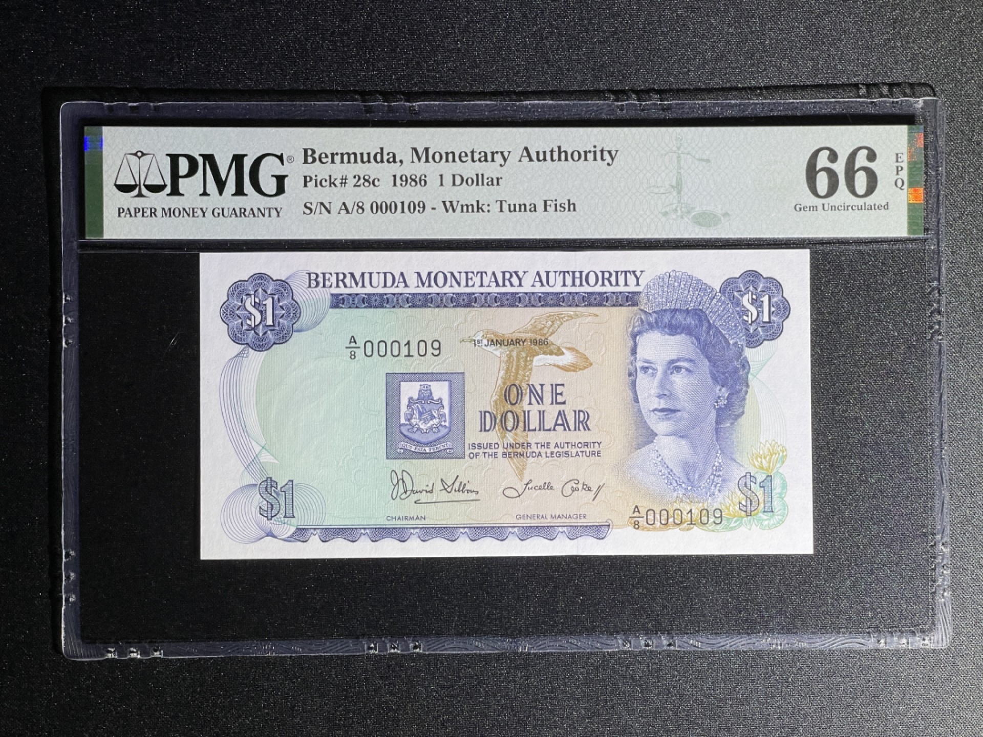 《张总收藏》70期——外币精品 百慕大1元 PMG66E 1986年 女王 百位小号 无47