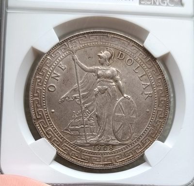 彼得堡世界钱币勋章拍卖第14期，本周五8月26号晚七点半0元起拍 - 英国1908年站洋1元贸易银币，NGC-UNC底板币面，可以再养养包浆，上海严评