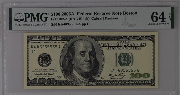 收藏联盟Quantum Auction 第187期拍卖 美国2006年100美元 PMG64e 老虎号55555