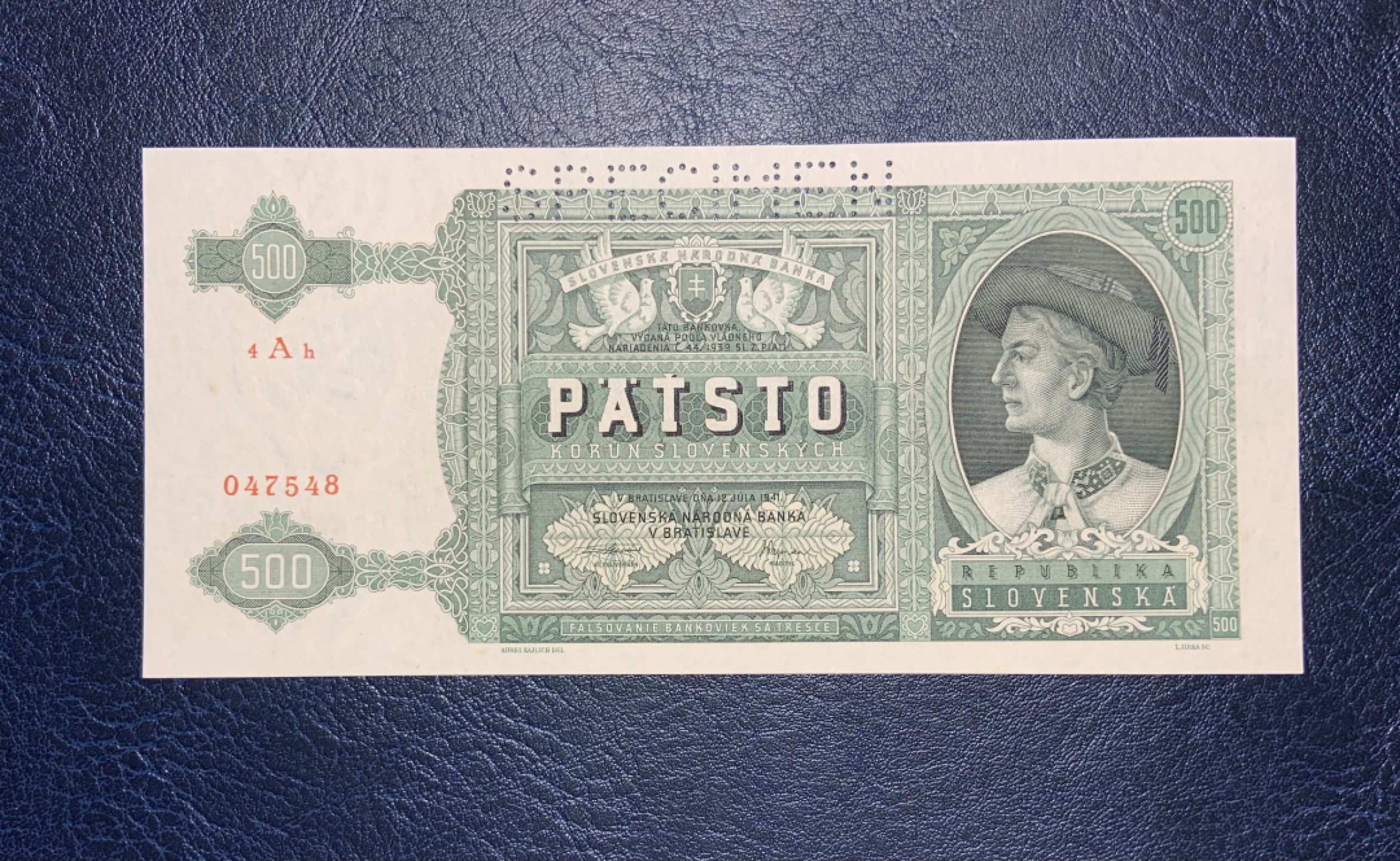 收藏联盟Quantum Auction 第187期拍卖 斯洛伐克1941年500克朗样票 品相全新UNC 