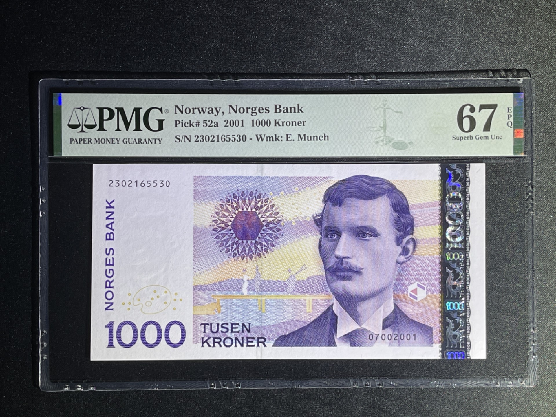 《张总收藏》70期——外币精品 挪威1000克朗 PMG67E 2001年首发 P-52a 挪威表现主义画家爱德华·蒙克 