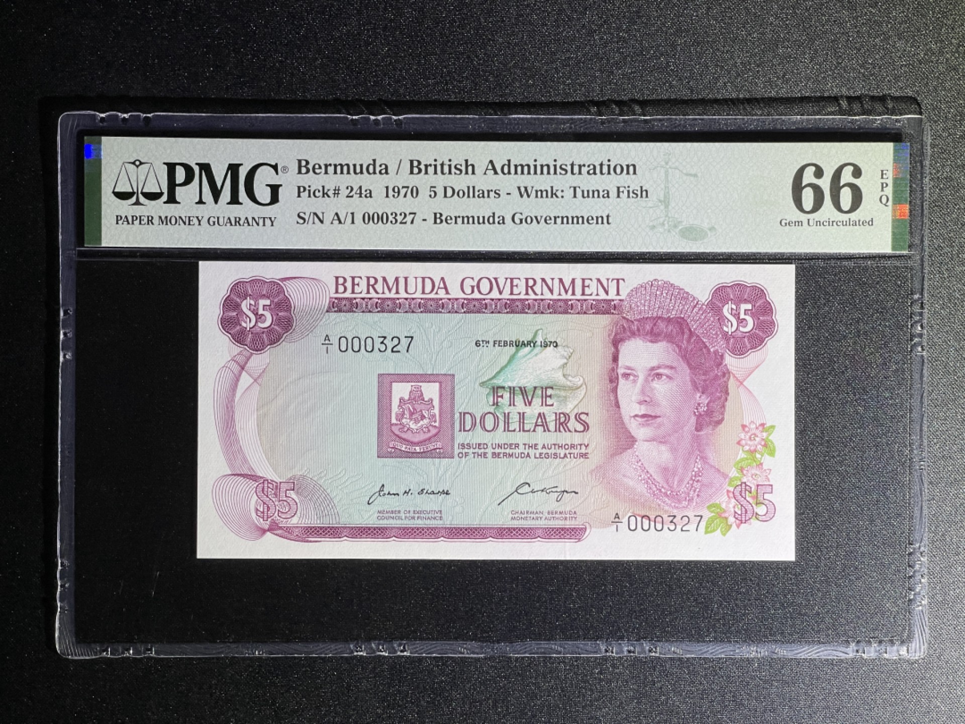 《张总收藏》70期——外币精品 百慕大5元 PMG66E 1970年 女王 A1冠百位小号