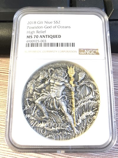 【海寧潮】拍卖第三十九期 - 【海寧潮客户代拍】纽埃2018年众神海神波塞冬高浮雕镀金银币NGC-MS70【上期客户悔单重新拍】