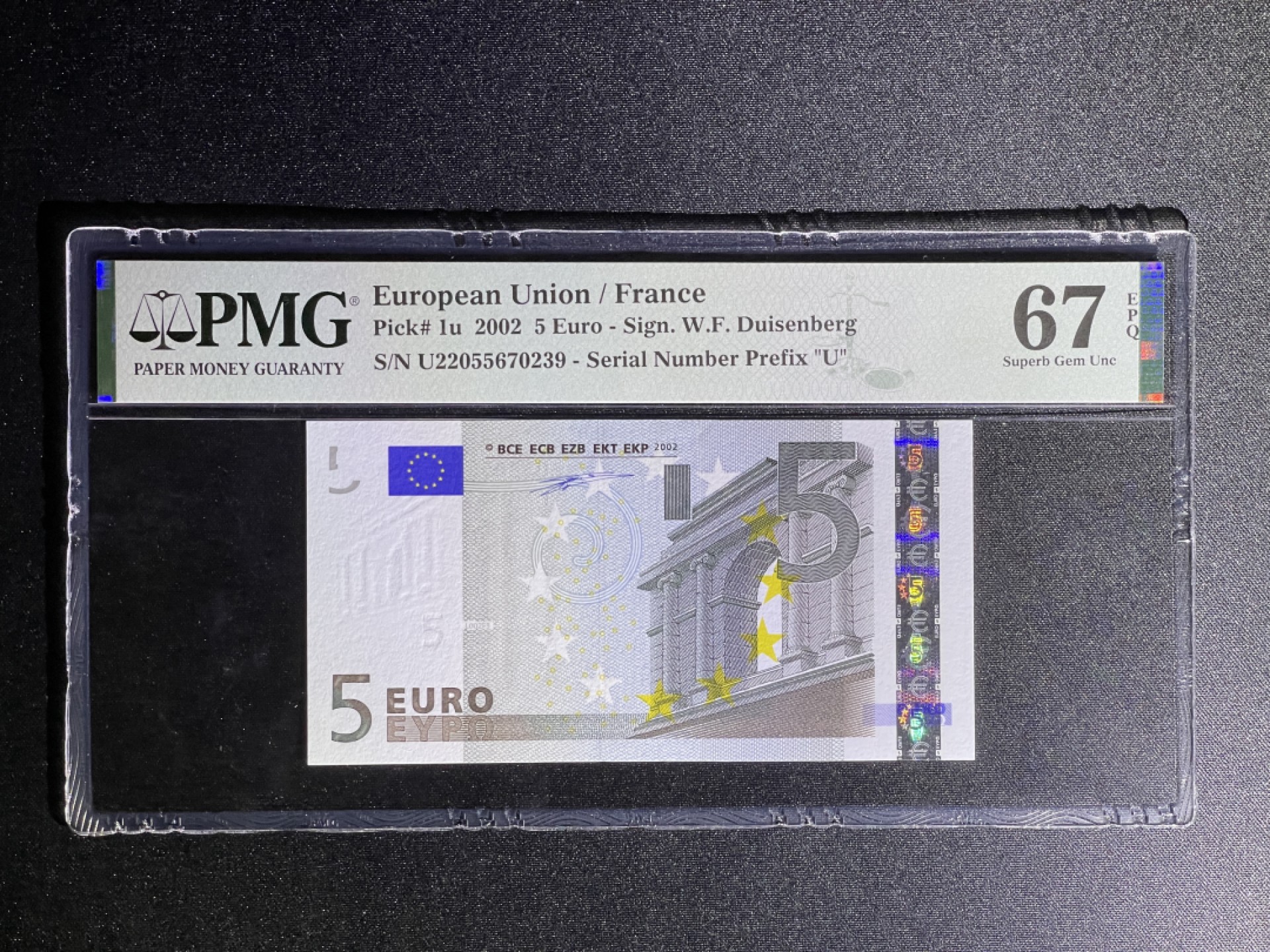 《张总收藏》70期——外币精品 欧元5欧 PMG67E 2002年 一签法国版