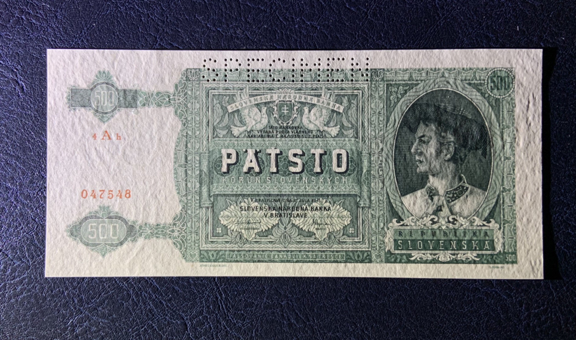 收藏联盟Quantum Auction 第187期拍卖 斯洛伐克1941年500克朗样票 品相全新UNC 