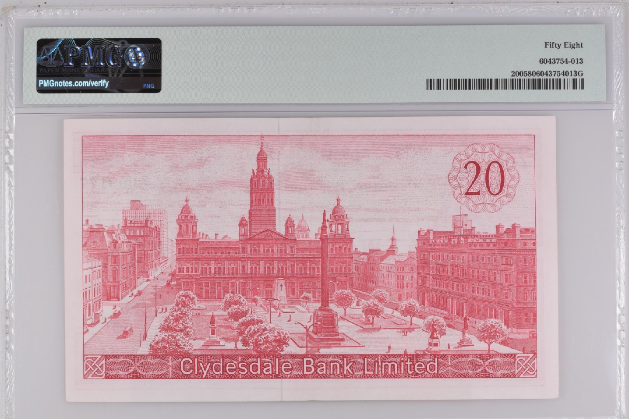 收藏联盟Quantum Auction 第187期拍卖 苏格兰克莱斯戴尔银行1964年20镑 PMG58 稀少 格拉斯哥大学的乔治广场