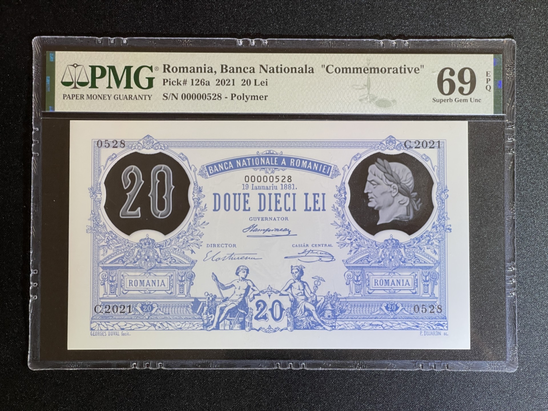 《张总收藏》70期——外币精品 罗马尼亚20列伊 PMG69E 2021年塑料纪念钞 百位小号
