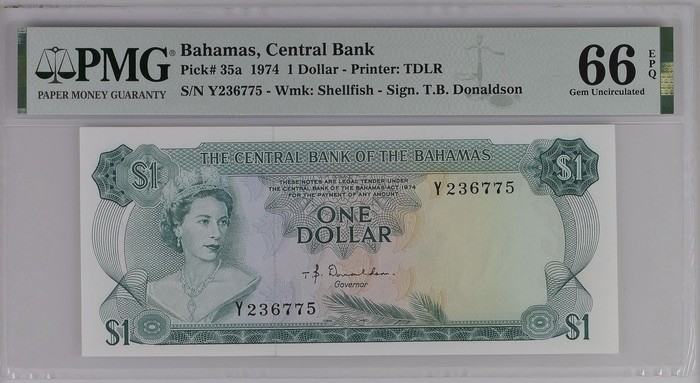 收藏联盟Quantum Auction 第187期拍卖 巴哈马1974年1元 PMG66 德纳罗彩背 