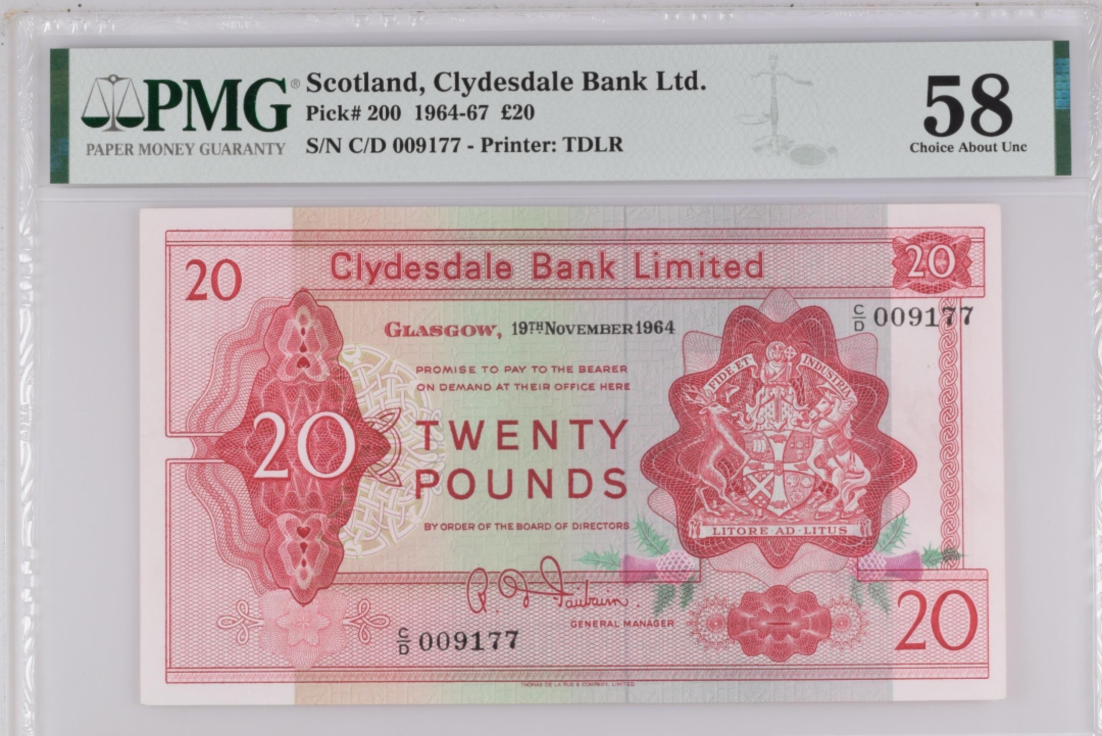 收藏联盟Quantum Auction 第187期拍卖 苏格兰克莱斯戴尔银行1964年20镑 PMG58 稀少 格拉斯哥大学的乔治广场