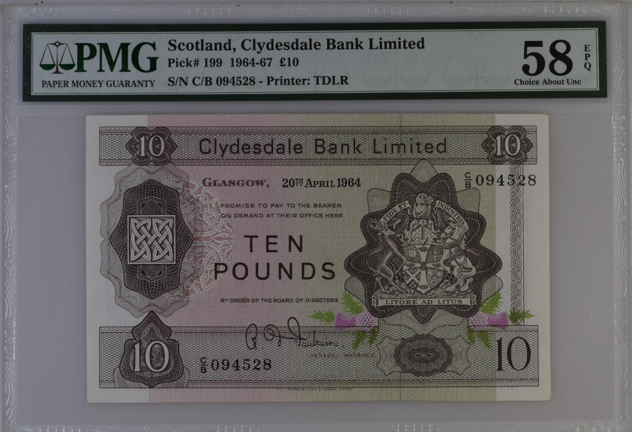 收藏联盟Quantum Auction 第187期拍卖 苏格兰克莱斯戴尔银行1964年10镑 PMG58E 世界百强名校-格拉斯哥大学