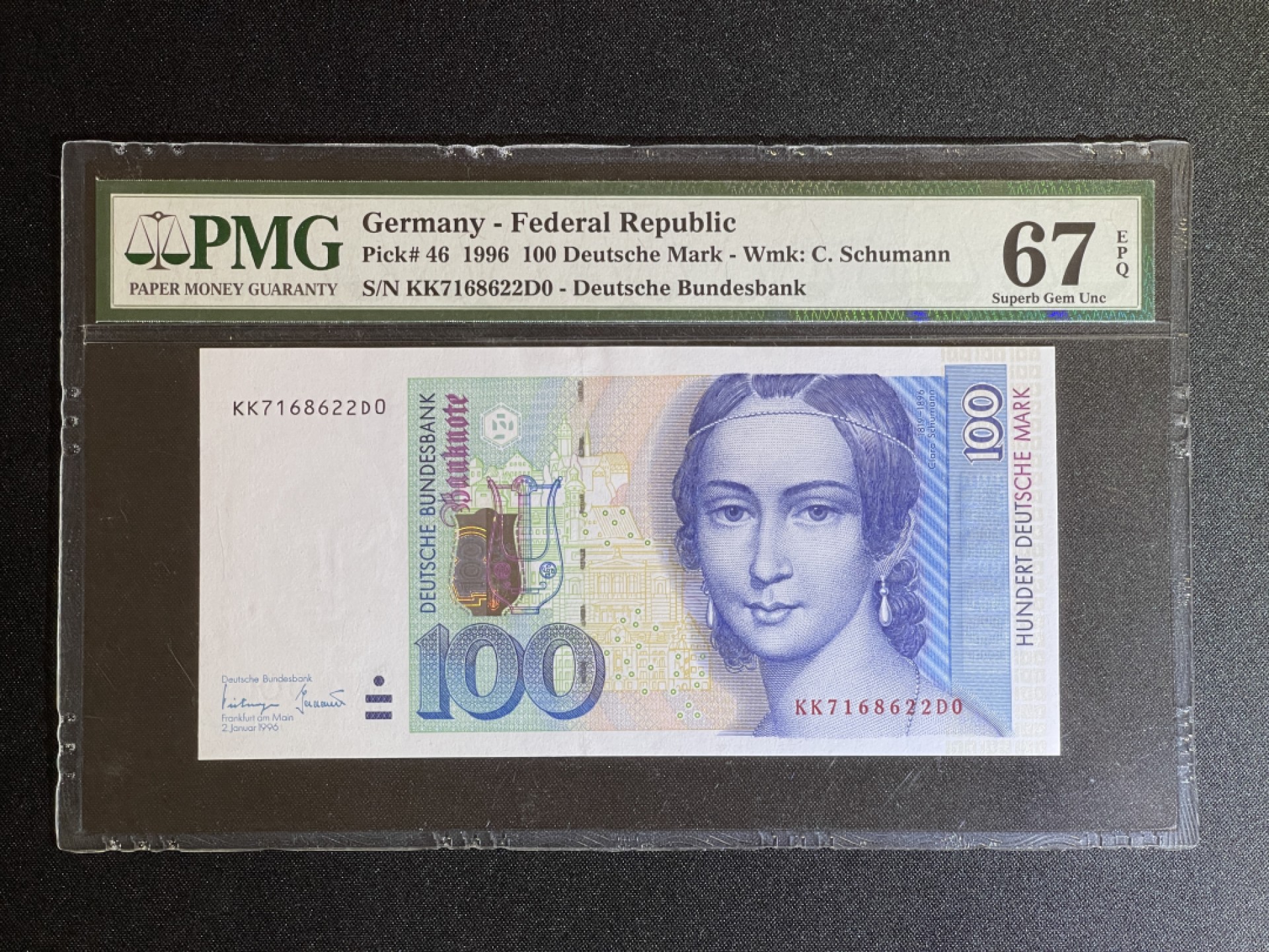 《张总收藏》70期——外币精品 德国100马克 PMG67E 1996年 德国女钢琴家克拉舒曼