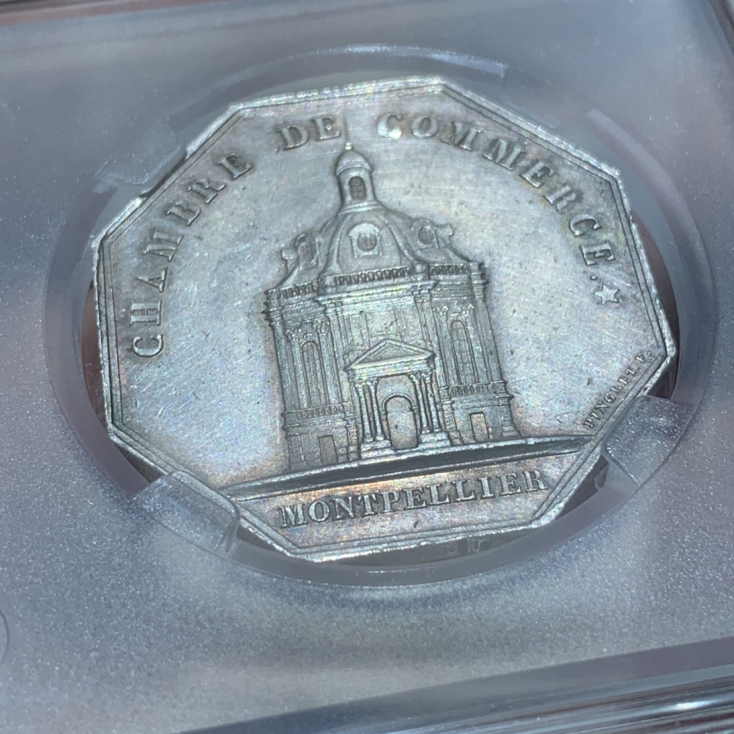 《竞宝斋》第89场-本周日，周一，周四，3场连拍（全场不限金额包邮） 1837年 法国 蒙彼利埃 商会八角银制代币 重量：17.7g 边铭：蜜蜂银标