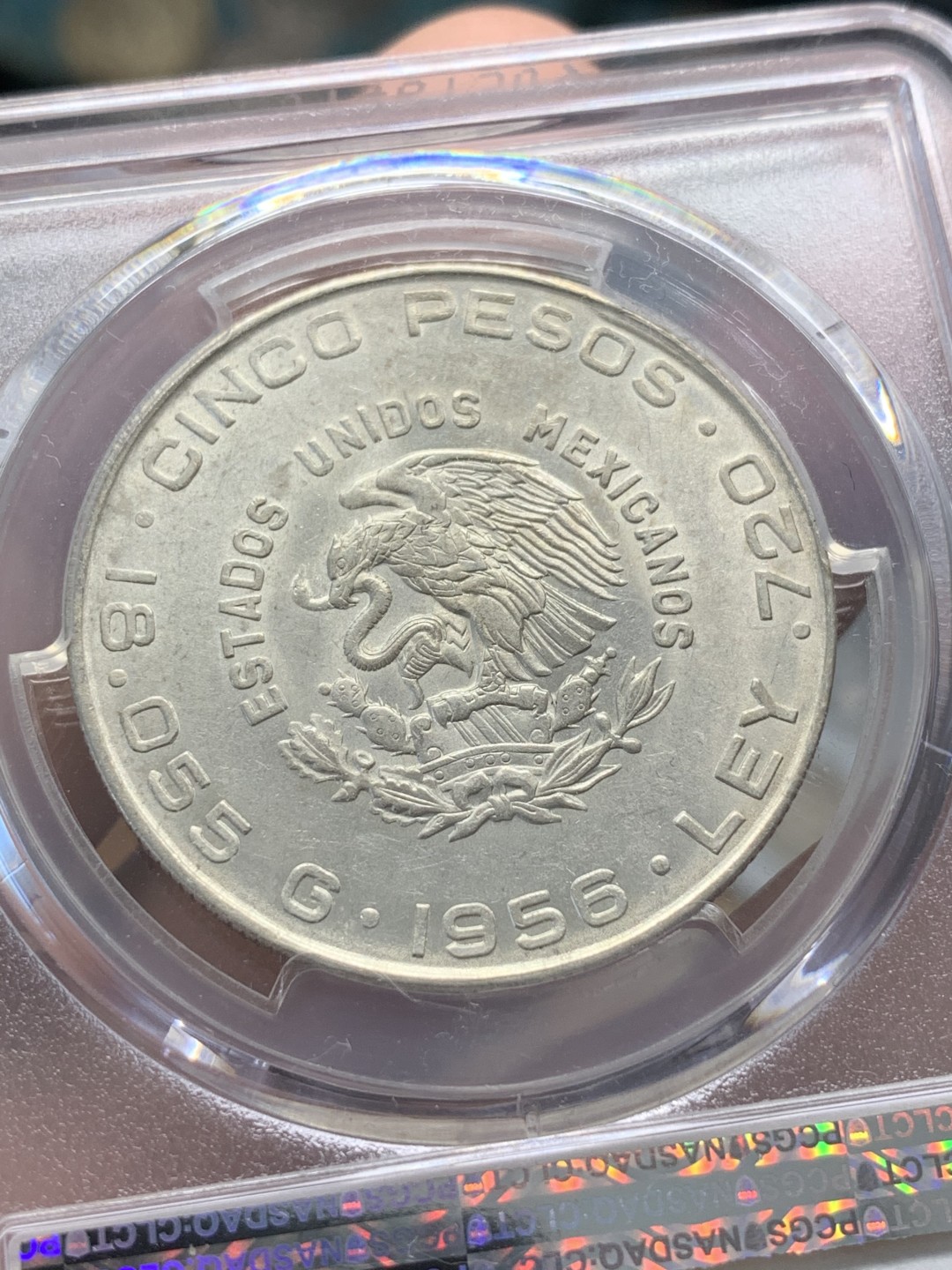 《竞宝斋》第89场-本周日，周一，周四，3场连拍（全场不限金额包邮） PCGS-AU58  墨西哥 1956年MO 伊达尔戈5比索银币 