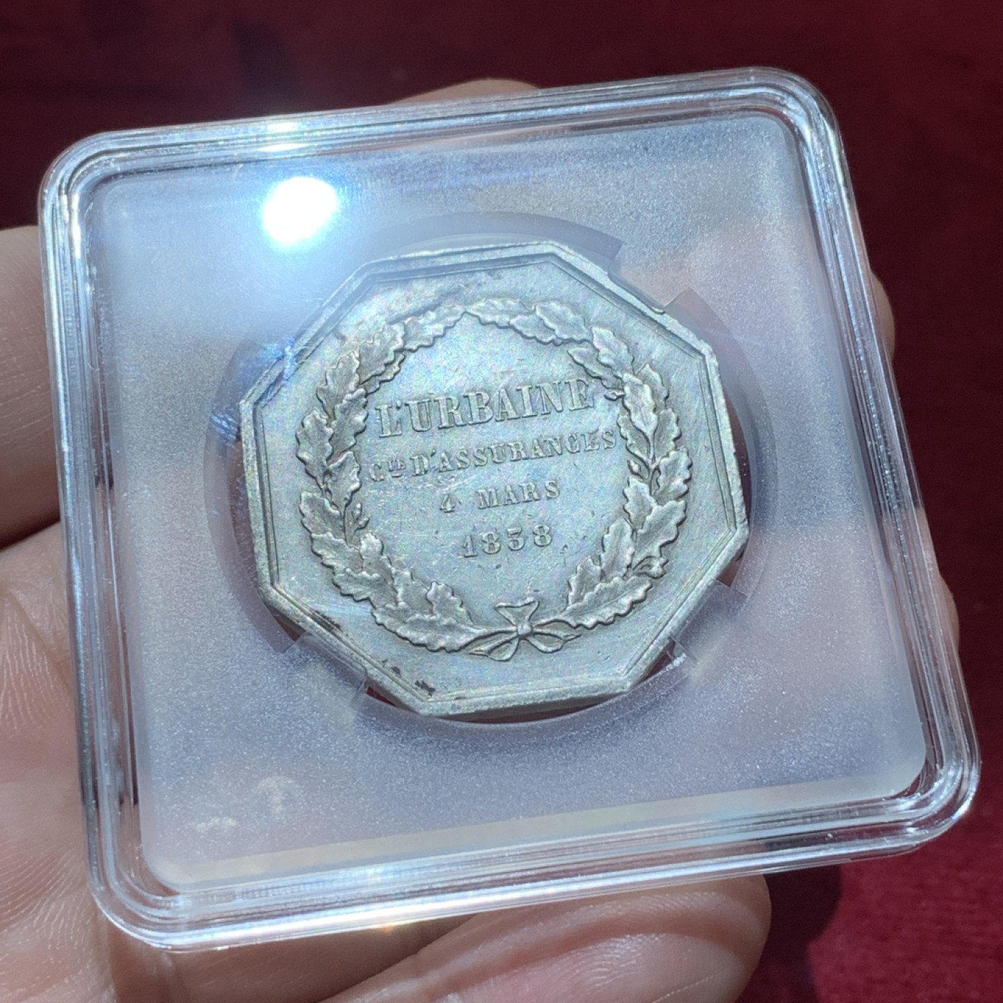 《竞宝斋》第89场-本周日，周一，周四，3场连拍（全场不限金额包邮） 法国 1860-1879年 保险公司 八角银质代币 直径：35mm 重量：19.3gr 边铭：蜜蜂银标