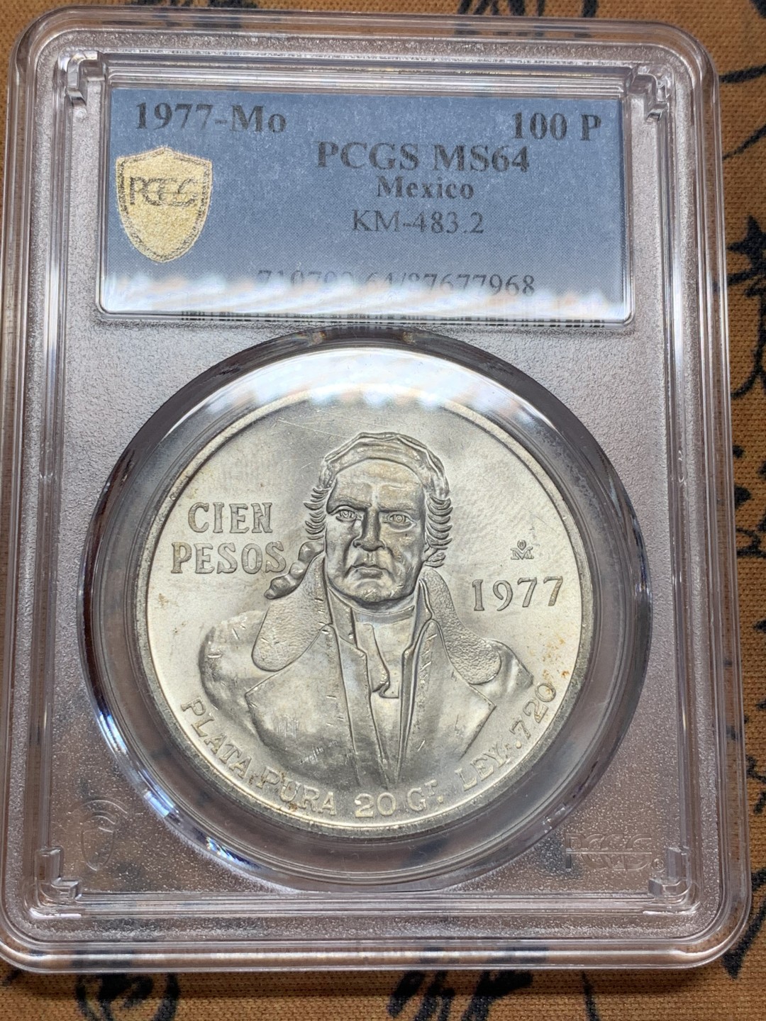 《竞宝斋》第89场-本周日，周一，周四，3场连拍（全场不限金额包邮） PCGS-MS64  墨西哥 1977年MO 普拉塔普拉100比索银币 