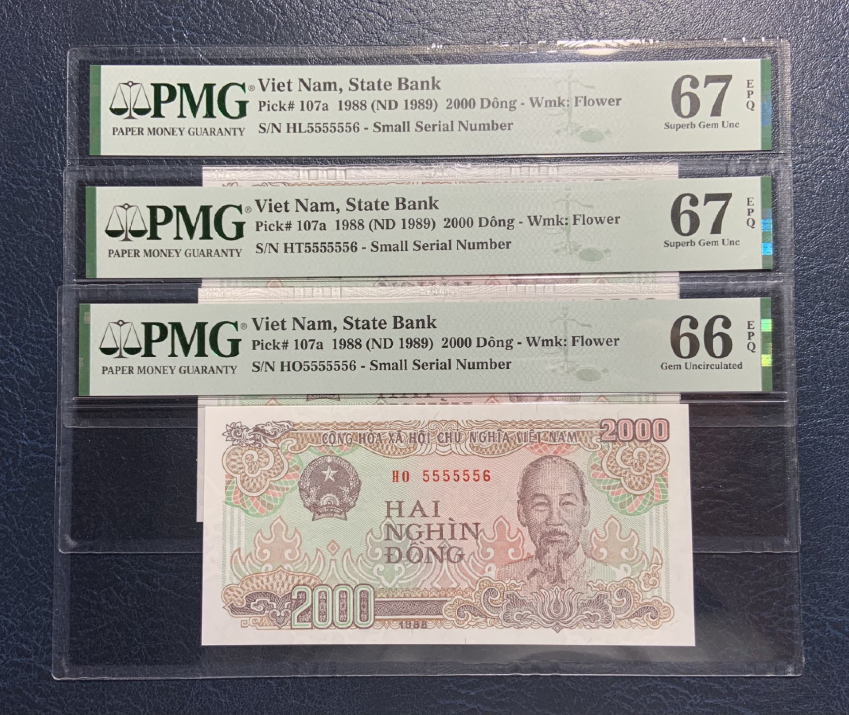 收藏联盟Quantum Auction 第187期拍卖 越南1988年2000盾全同号3张  pmg67 一张66 