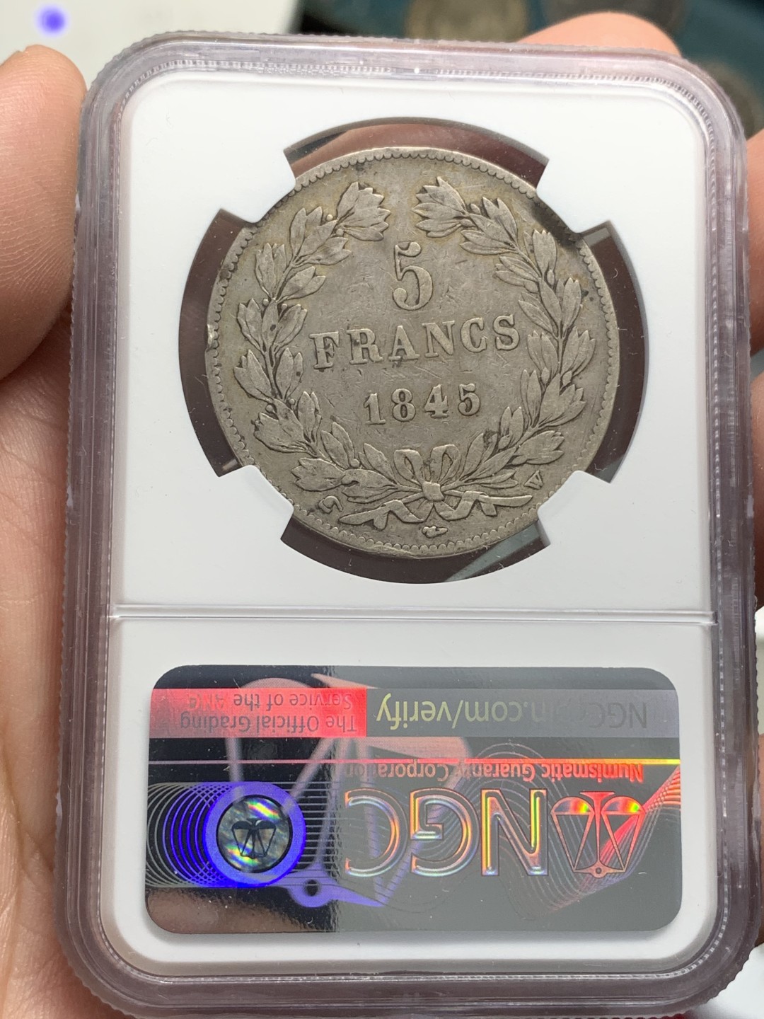 《竞宝斋》第89场-本周日，周一，周四，3场连拍（全场不限金额包邮） NGC-XFD  法国 1845年W 菲利普一世 5法郎银币  