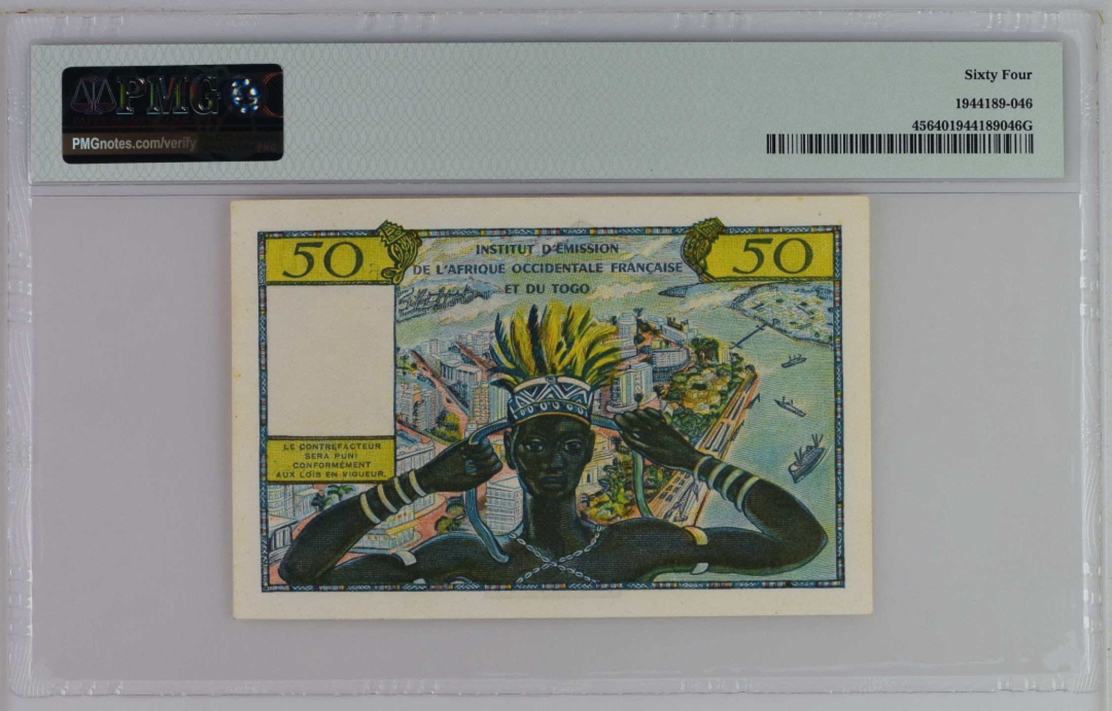 收藏联盟Quantum Auction 第187期拍卖 法属西非(多哥)1956年50法郎 PMG64 三个小黑妞