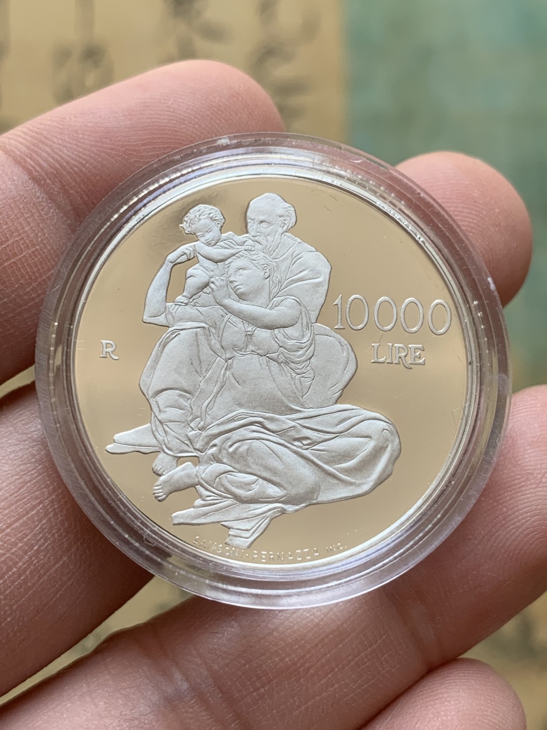 《竞宝斋》第89场-本周日，周一，周四，3场连拍（全场不限金额包邮） 圣马力诺2000年 米开朗基罗画作系列 10000里拉精制大银币 22克 835银