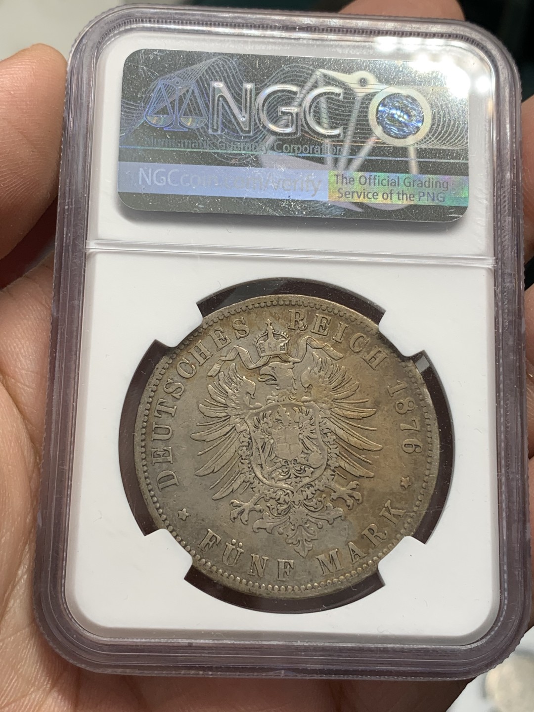 《竞宝斋》第89场-本周日，周一，周四，3场连拍（全场不限金额包邮） NGC-XFD  德国普鲁士 1876年B 威廉一世 5马克银币  