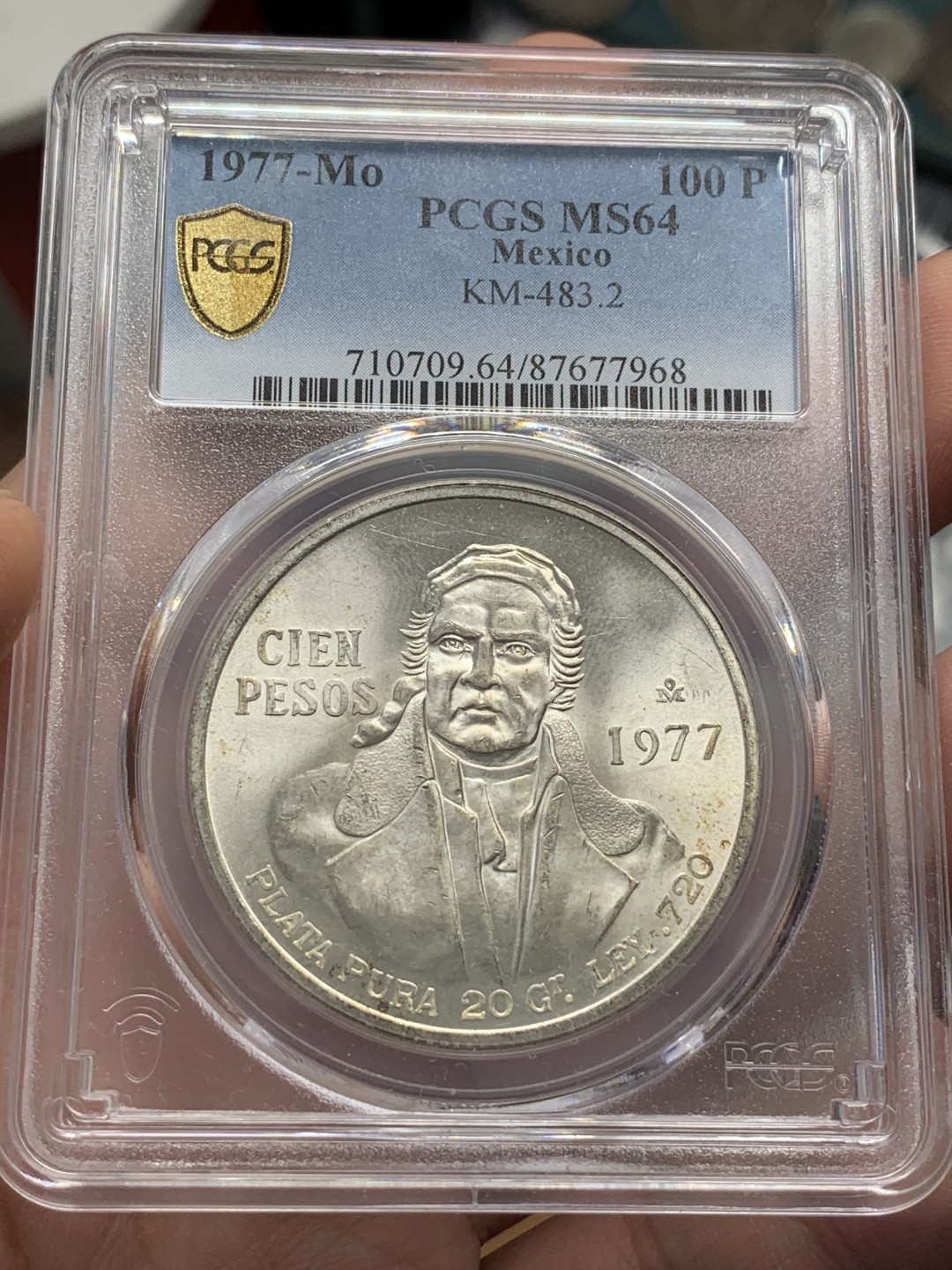 《竞宝斋》第89场-本周日，周一，周四，3场连拍（全场不限金额包邮） PCGS-MS64  墨西哥 1977年MO 普拉塔普拉100比索银币 