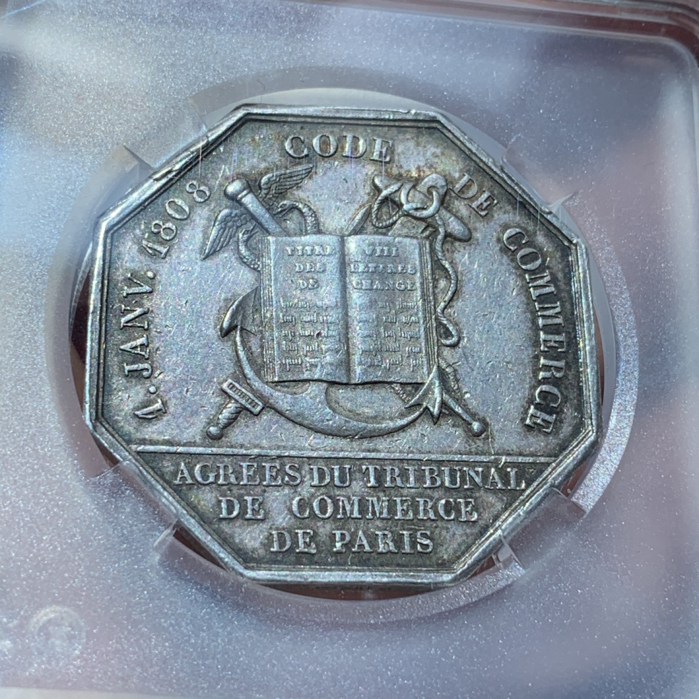 《竞宝斋》第89场-本周日，周一，周四，3场连拍（全场不限金额包邮） 1845-1860年 法国 法官 领事八角银质代币 大规格 非常少见品种 直径：36mm 重量：22.6g 边铭：手指银标