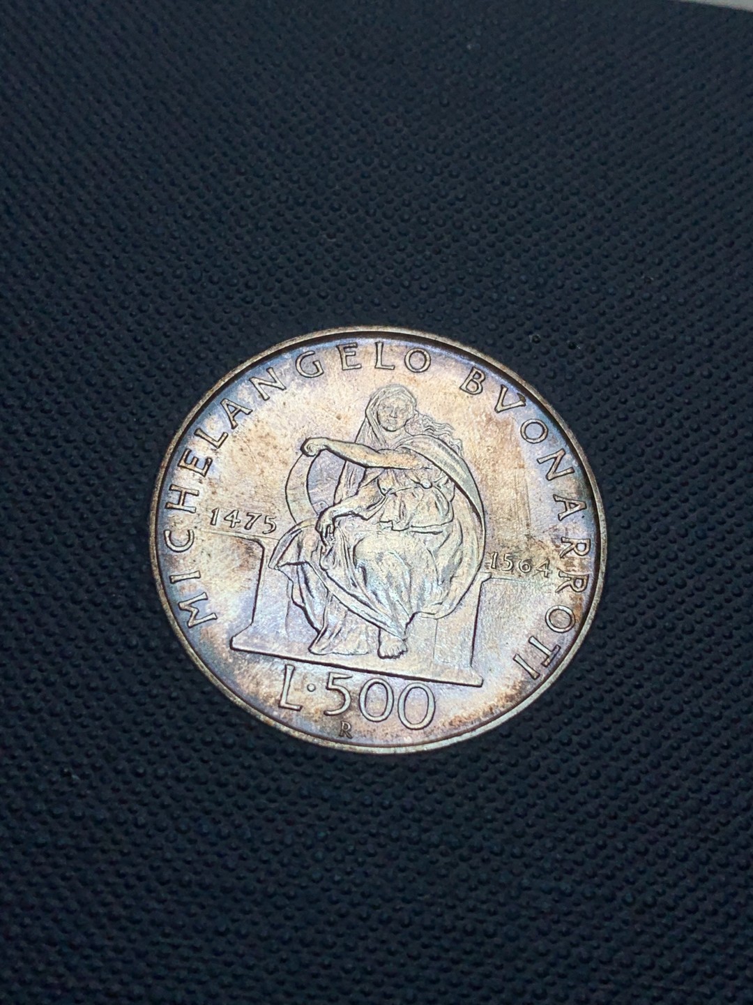 《竞宝斋》第89场-本周日，周一，周四，3场连拍（全场不限金额包邮） 卡装 意大利 1975年 米开朗基罗纪念 500里拉银币