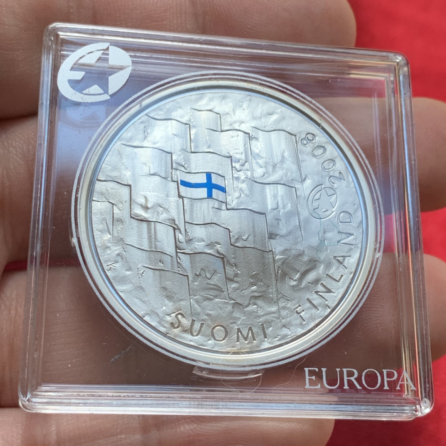 《竞宝斋》第89场-本周日，周一，周四，3场连拍（全场不限金额包邮） 芬兰 2008年国旗九十周年纪念 10欧元 精制大银币 25.5克 925银